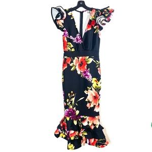 Black Floral Print V Neck Low Cut Ruffle Fitted Mermaid Midi Dress